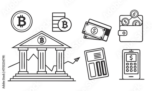 Financial Symbolism: A comprehensive vector illustration showcasing various financial symbols and elements including bitcoin, money, building, wallet, and calculator.