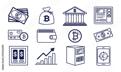Financial Icons: A stylized collection of financial icons depicting various aspects of banking, money management, and transactions, suitable for educational, business, and design projects.