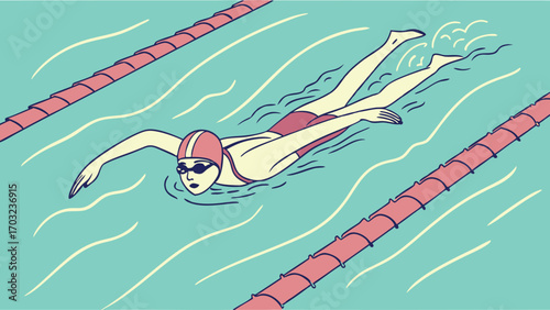 Swimmer in pool focused on freestyle stroke, competitive swimming.
