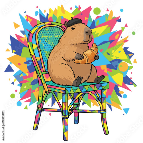 Capybara sitting on a colorful chair, wearing a beret and holding a croissant.