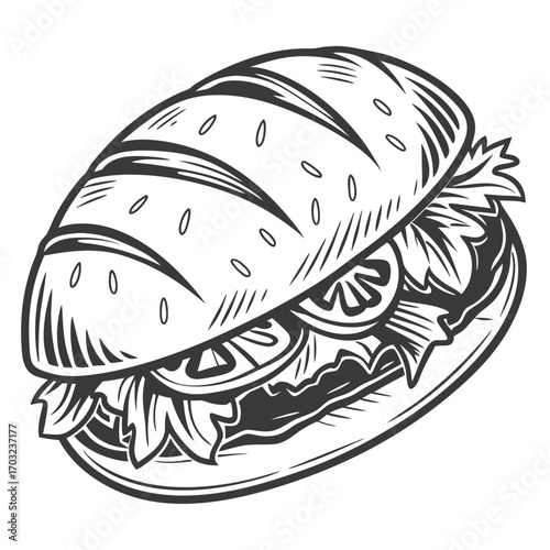 Hand drawn engraving style illustration of a delicious submarine sandwich.