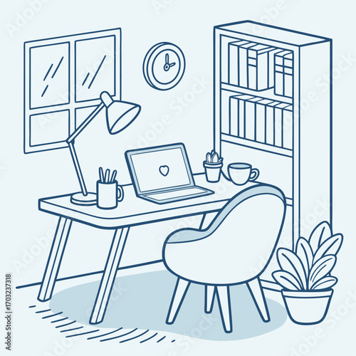 Line art drawing of a home office desk with laptop