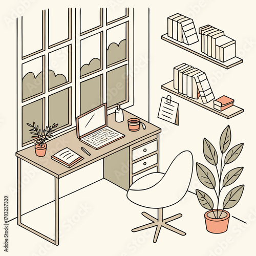 Cozy home office desk with laptop and plants