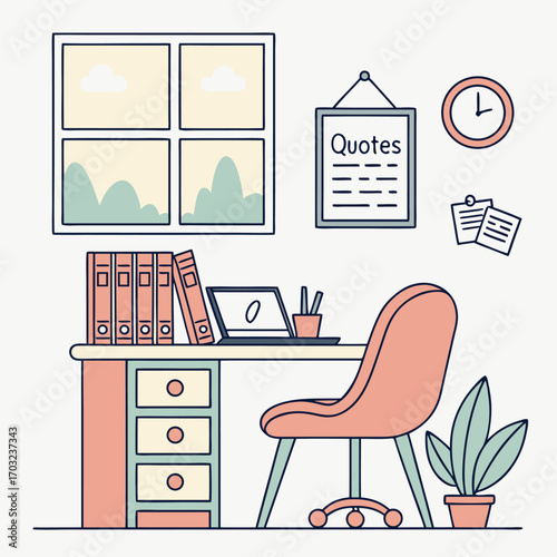 Cozy home office with desk, chair, and plant
