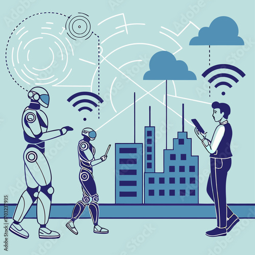 Robots and person in a city connected by technology and networks