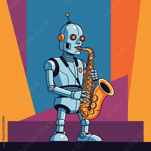 A retro-style cartoon robot stands and plays a golden saxophone against a colorful, abstract background.