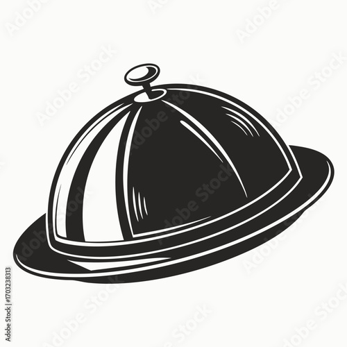 A classic silver serving cloche with a round handle on top.