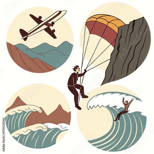 Collage of extreme sports paragliding, surfing, and airplane