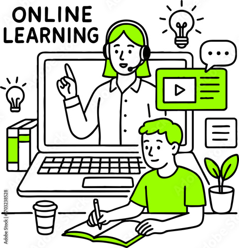 Flat design concept of online education, training and courses, learning, video tutorials. Vector illustration for website banner, marketing material, presentation template, online advertising.