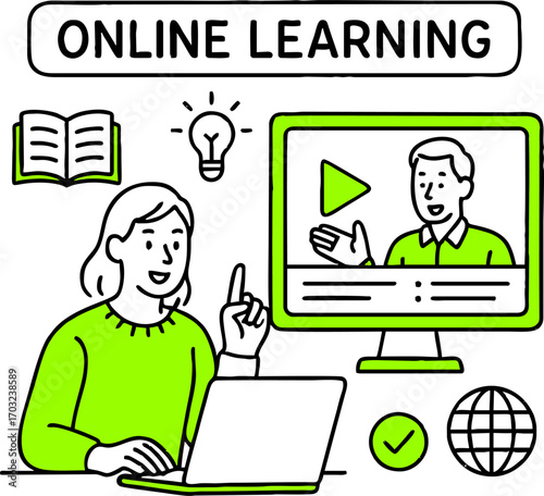 Flat design concept of online education, training and courses, learning, video tutorials. Vector illustration for website banner, marketing material, presentation template, online advertising.