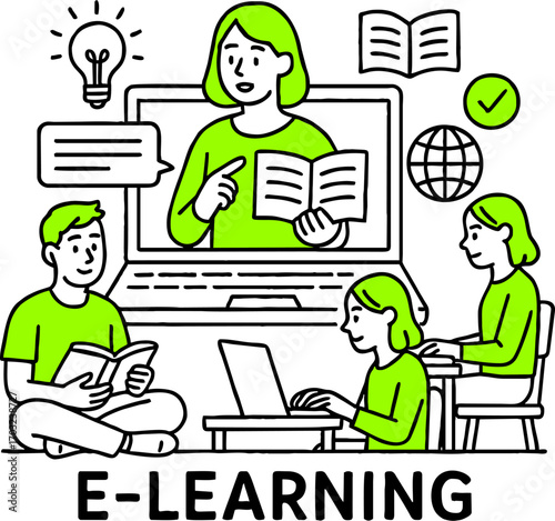 Flat design concept of online education, training and courses, learning, video tutorials. Vector illustration for website banner, marketing material, presentation template, online advertising.