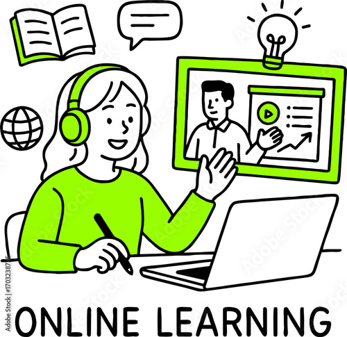 Flat design concept of online education, training and courses, learning, video tutorials. Vector illustration for website banner, marketing material, presentation template, online advertising.