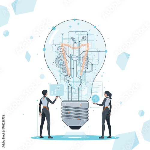 Illustration of a lightbulb with gears and people isolated on white background