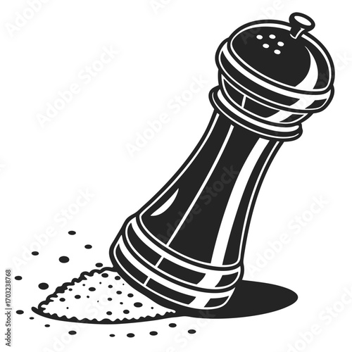 Pepper grinder dispensing seasoning onto a surface, culinary preparation concept.