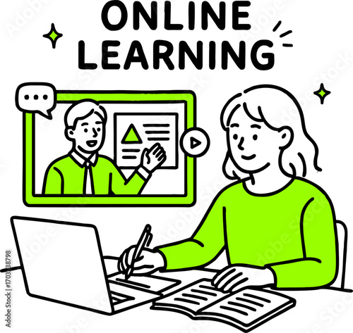 Flat design concept of online education, training and courses, learning, video tutorials. Vector illustration for website banner, marketing material, presentation template, online advertising.