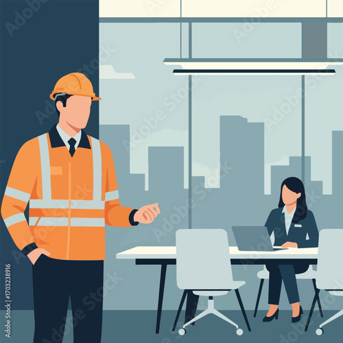 An illustration of an engineer in an orange jacket standing in front of a meeting room with a woman working on a laptop.
