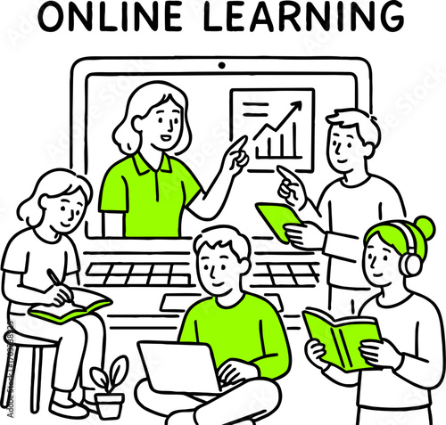 Flat design concept of online education, training and courses, learning, video tutorials. Vector illustration for website banner, marketing material, presentation template, online advertising.