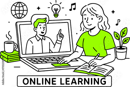 Flat design concept of online education, training and courses, learning, video tutorials. Vector illustration for website banner, marketing material, presentation template, online advertising.