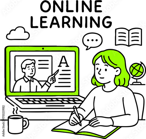 Flat design concept of online education, training and courses, learning, video tutorials. Vector illustration for website banner, marketing material, presentation template, online advertising.
