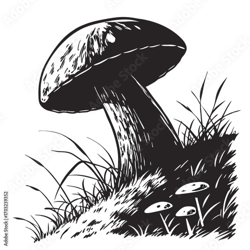Monochrome Mushroom Illustration - A Detailed Study of Fungi in Nature.