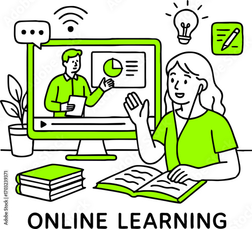 Flat design concept of online education, training and courses, learning, video tutorials. Vector illustration for website banner, marketing material, presentation template, online advertising.