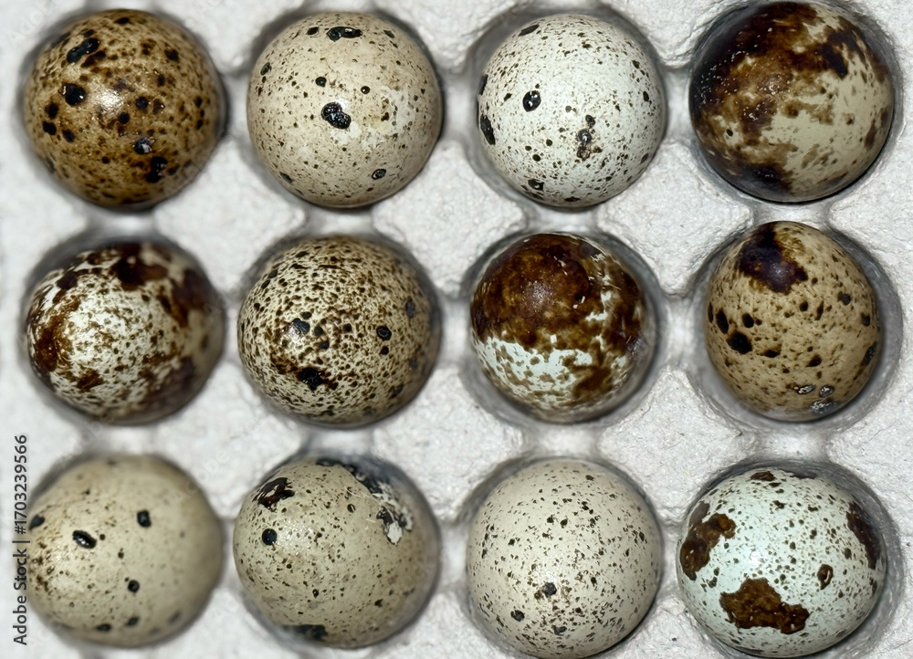 Obraz premium Fresh quail eggs in a tray top view on a wooden table ready for sale. Quail eggs arranged on the egg tray. Raw quail eggs on a culinary background. The concept of proper nutrition, healthy lifestyle. 