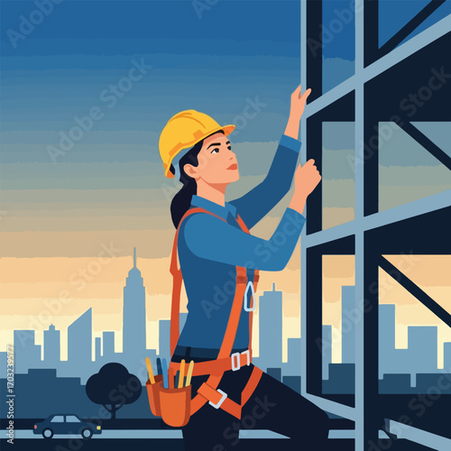 Female construction worker climbing scaffolding in city.