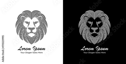 The logo design is in the form of a lion's head with a front view and is made using thick lines that form a layered pattern