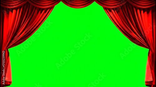 Elegant red velvet theater curtains opening to reveal a bright chroma key green screen background.