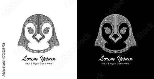 The logo design is in the form of a penguin with a front view and is made using thick lines that form a layered pattern