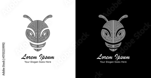 The logo design is in the shape of a bee's head with a front view and is made using thick lines that form a layered pattern