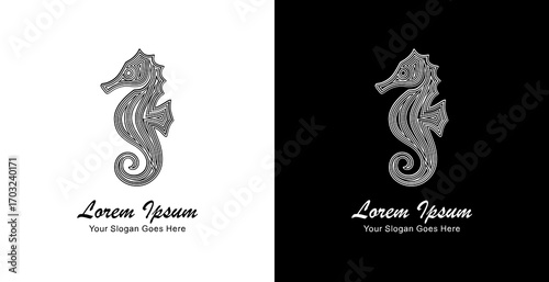 A seahorse logo design created using thick lines that form a layered pattern