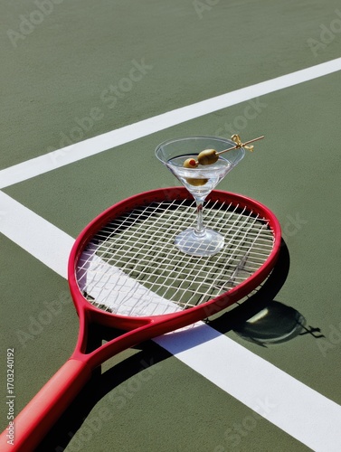 A martini glass rests on a red tennis racket positioned on a green tennis court. Sunlight casts shadows