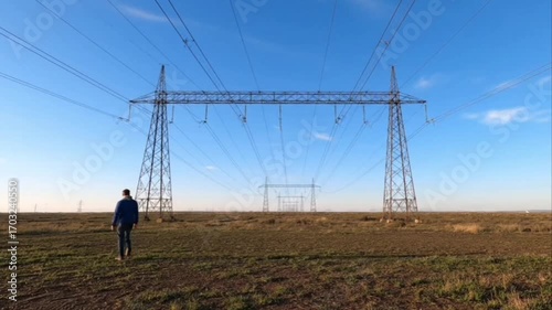 A lone figure stands dwarfed beneath towering power lines stretching across a vast, open field, under a clear, azure sky, symbolizing human endeavor against the backdrop of infrastructure.