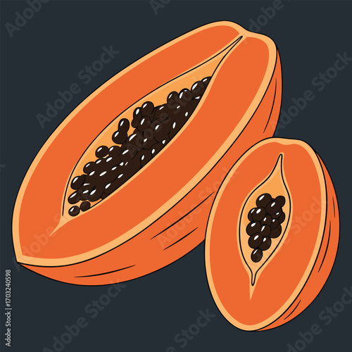 Two halves of a ripe papaya fruit with seeds.