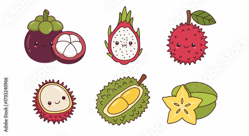 A charming collection of cute kawaii-style tropical fruit characters, including mangosteen, durian, and dragon fruit, isolated on a white background