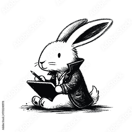 Cute Rabbit Writing with Feather Pen Illustration