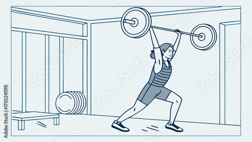 Weightlifter performing overhead squat in gym.