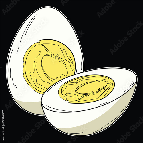 Delicious hard boiled eggs sliced open showing the yellow yolk and white egg.