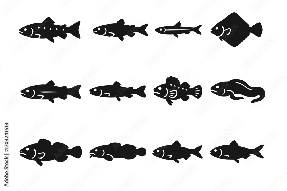 Fototapeta premium Lamprey capelin sculpin halibut arctic burbot icon wildlife cod vector icons saffron