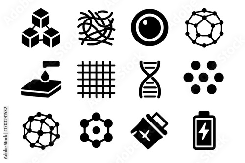 Nanocube icon set nanoscale cluster particle nanomaterials deposition fullerene nanofiber vector mesh