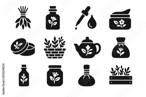 Alpine vector herb salve herbal tincture icons compress jar drying icon basket