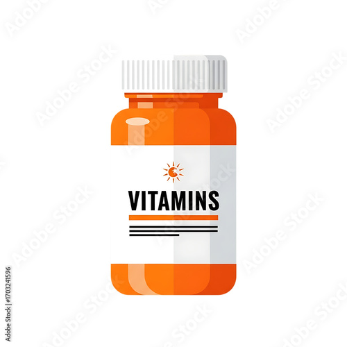 Orange vitamin bottle with label marked vitamins for health and wellness supplements