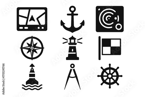 Compass gps marine entry icons helm anchor icon navigation port nautical vector