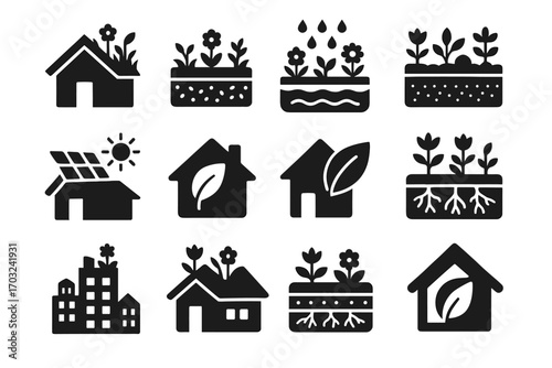 Urban green energy vector vegetation sustainable garden roof retention solar icon leaf