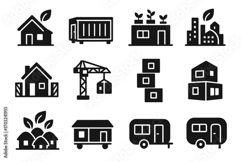 House unit sustainable plants modular prefab skyline container icon icons vector housing