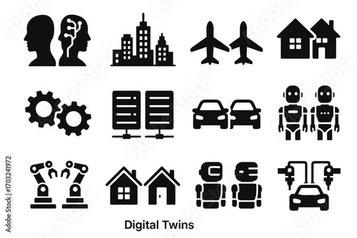 Twin digital icon icons neural duplicated robotic city duplicate servers vector