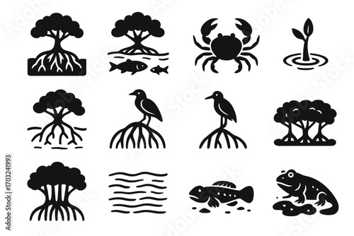 Swamp roots forest mangrove dense canopy icons tidal icon lines water vector