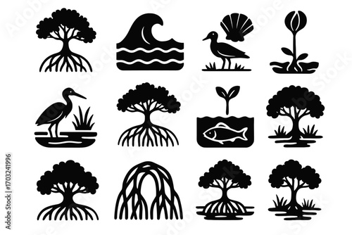Silhouette seed vector set icon tree base bird sprout shellfish mangrove