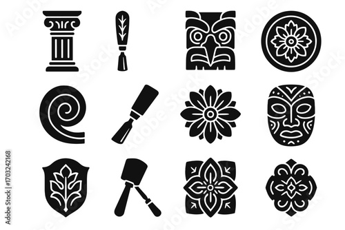 Icons carving ornate wood patterns vector relief decorative detailed icon tool wooden